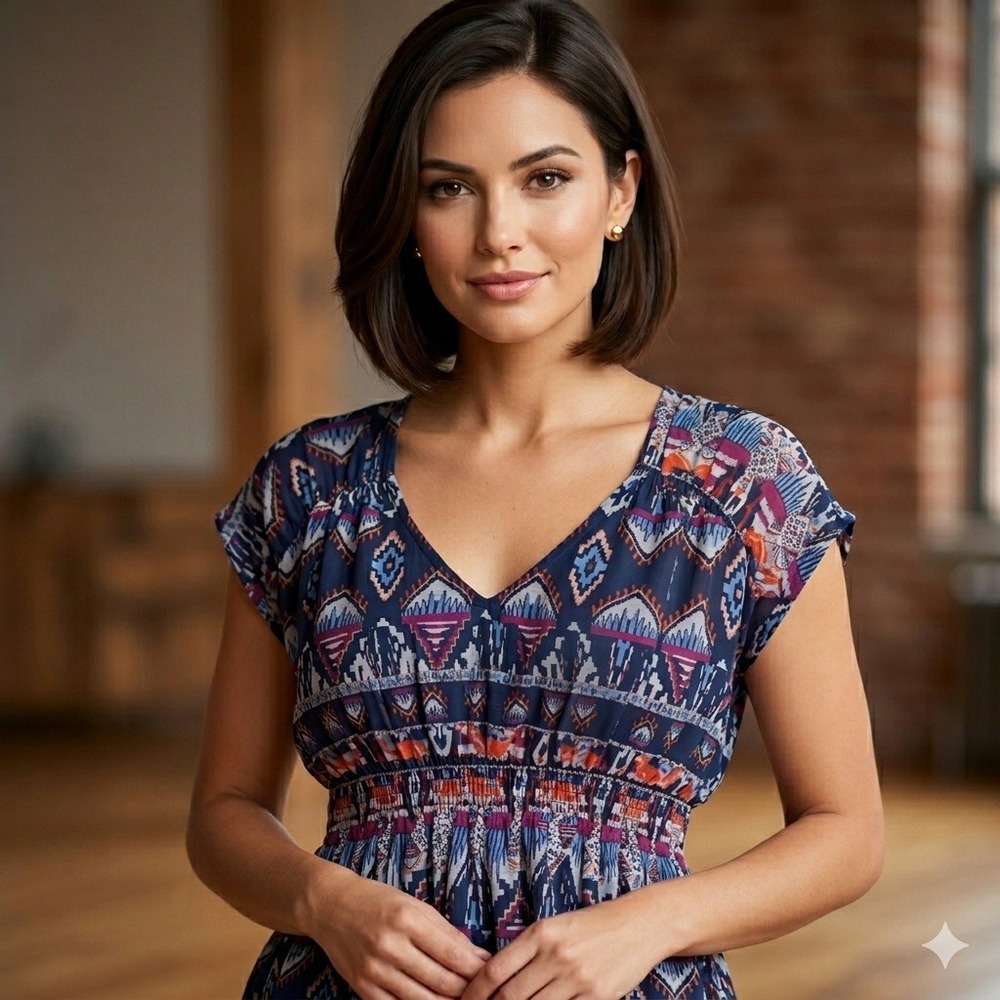 Old Navy Womens Blue Geometric Tribal Print Smocked Peplum Top V-Neck Medium NWT